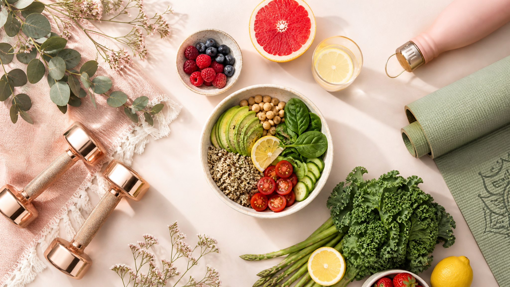 Allenamento e alimentazione — manubri, tappetino e cibo sano